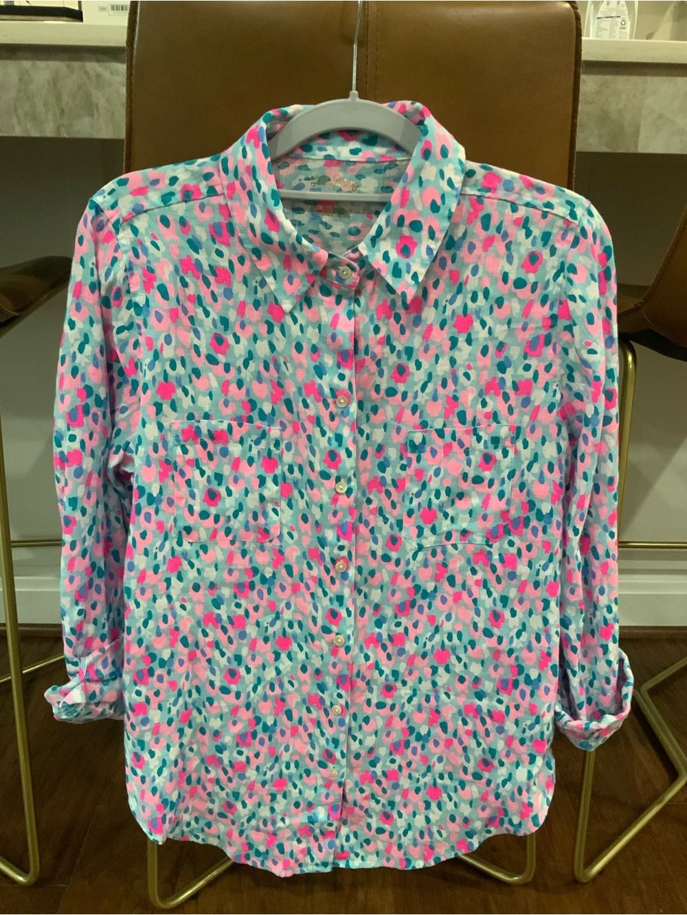 NWOT LILLY PULITZER Pink & Teal Multicolor Linen Button-Down Shirt - Small